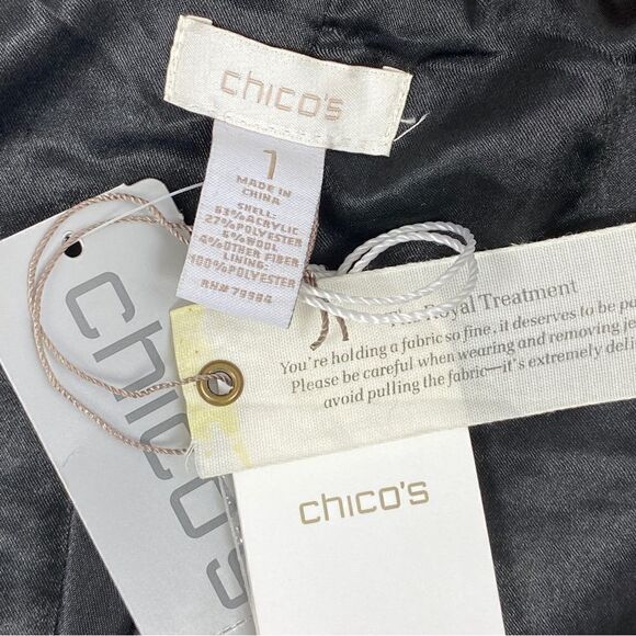 Chicos Tweed Metallic High Neck Open Front Blazer Jacket Red Black Gold Medium - Picture 10 of 14